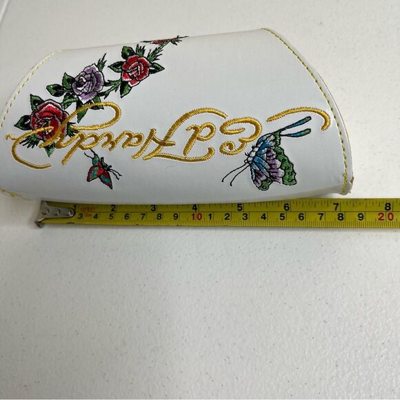 Ed Hardy White Embroidered Sunglass Case Butterflies Flower Snap Close CASE ONLY - Picture 7 of 8